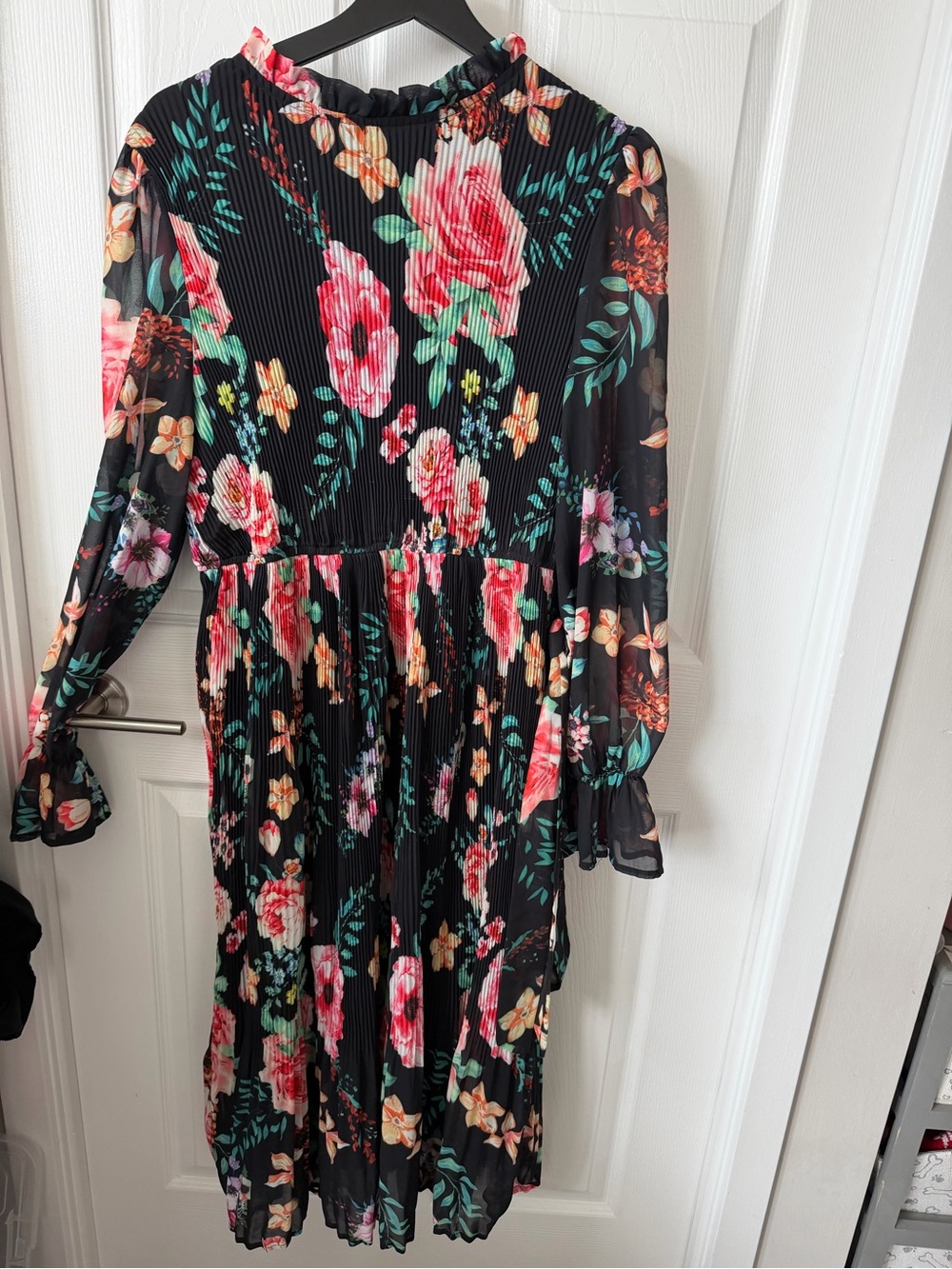 Black Floral elegant Pleated Midi Dress with Pink & Green Blooms